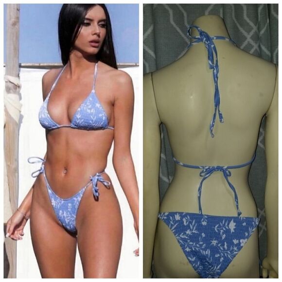 VOLAFA Women's Triangle Bikini String Swimsuit Print Tie Smocked Ruched Two Piec - Picture 2 of 14